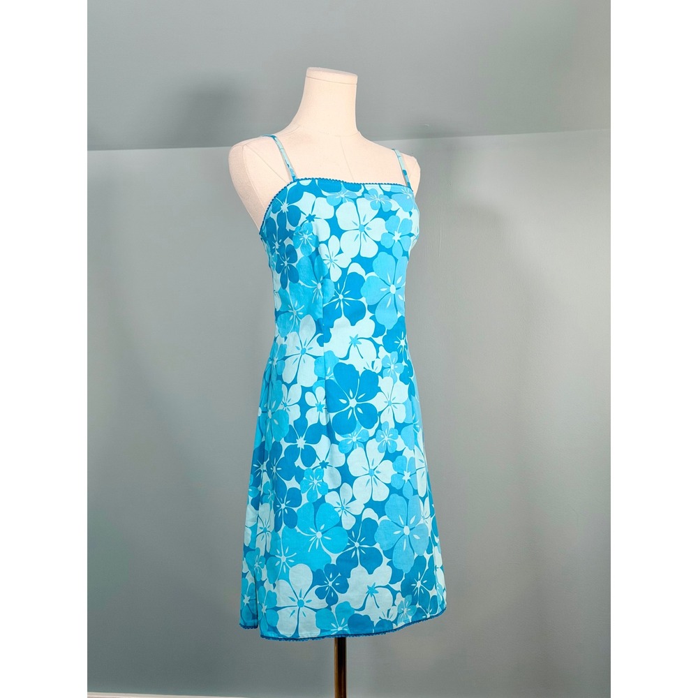 Vintage 1990s / 2000s Blue Flower Dress 90s Y2K Hawaiian Beach Frutiger Aero - Picture 3 of 10